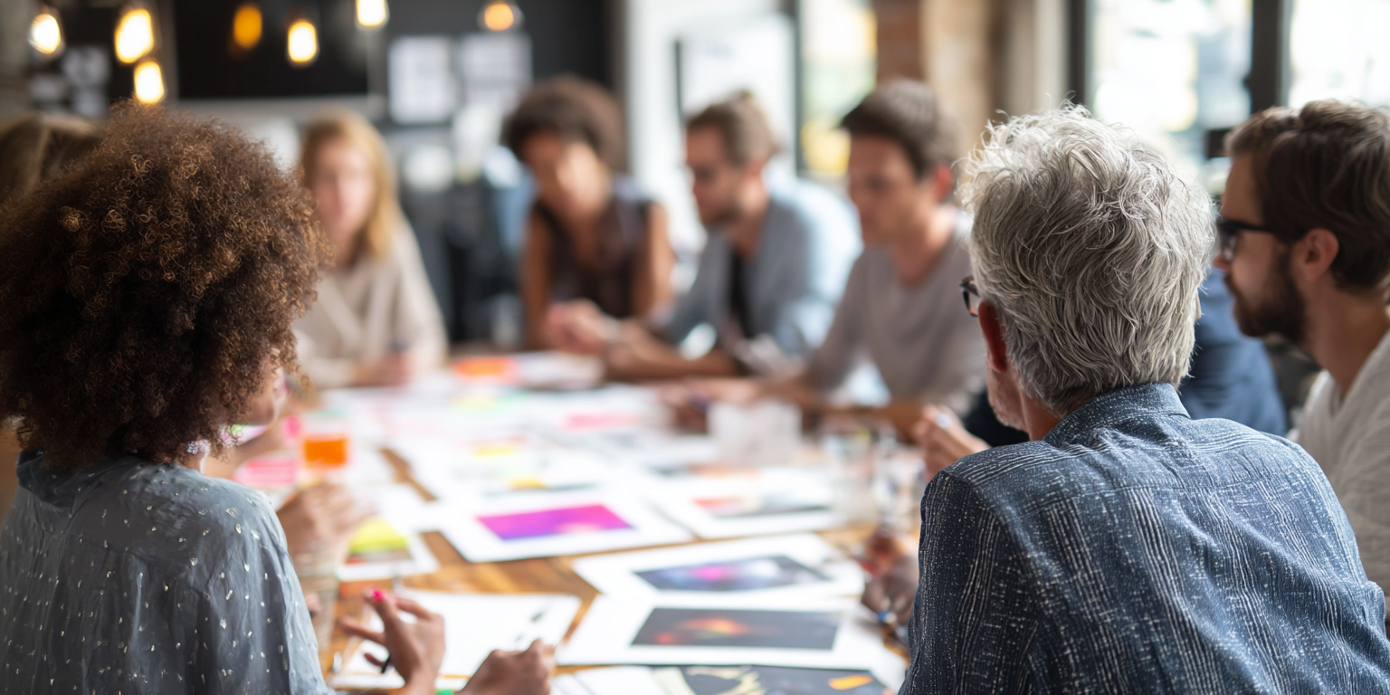 3_3_Kursbild Mehrere Personen sitzen in einem Besprechungsraum. Vor ihnen auf dem Tisch liegen viele Papiere.