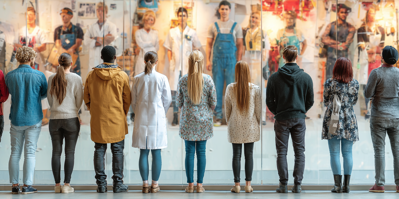 Eine Gruppe junger Menschen schaut auf mehrere Poster mit unterschiedlichen Berufen