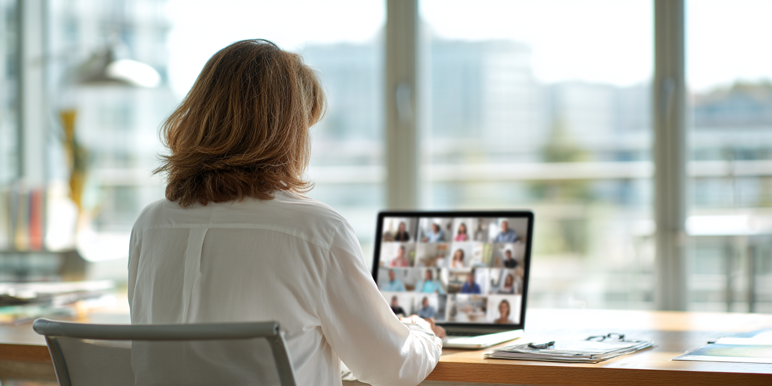 Eine Frau sitzt an einem Schreibtisch und schaut auf einen Bildschirm, auf dem viele Fotos von Personen zu sehen sind.
