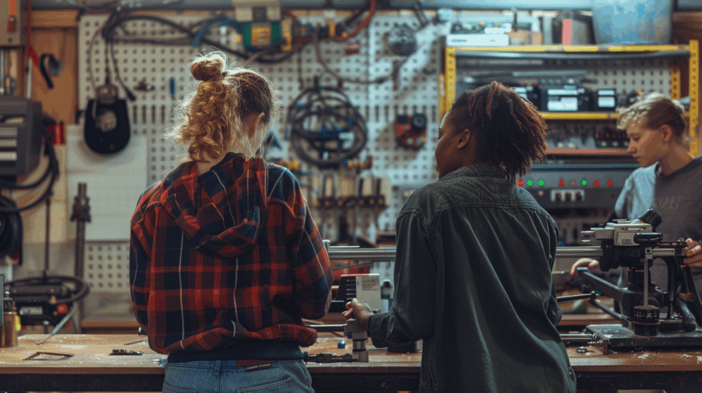 Drei Auszubildende stehen in einer Werkstatt