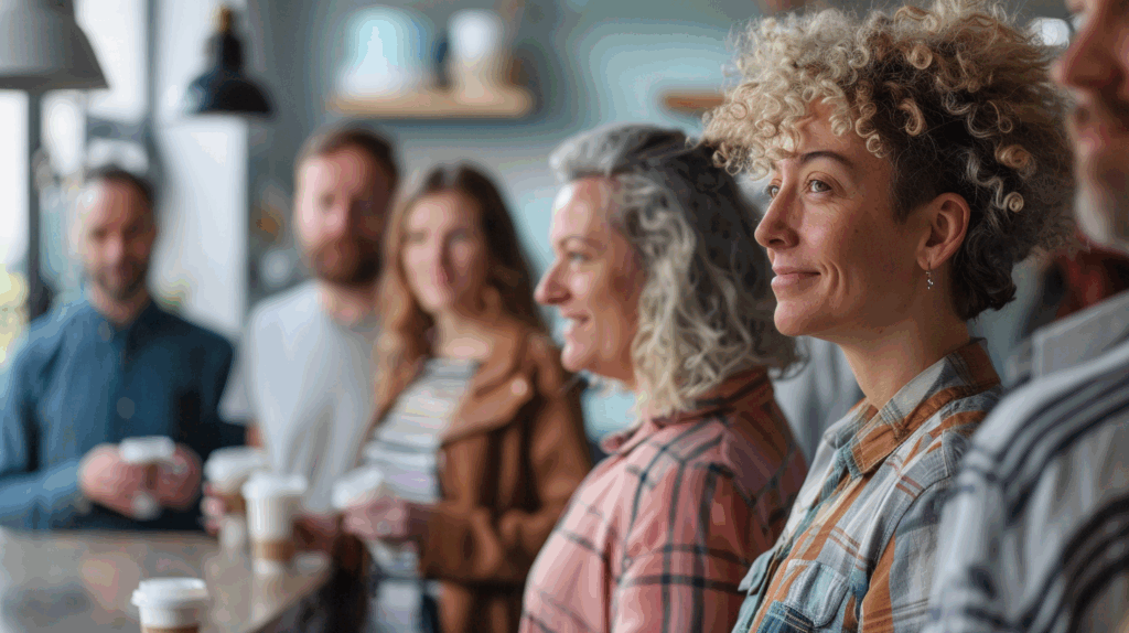 Mehrere Personen stehen in einer Büroküche und trinken Tee und Kaffee.