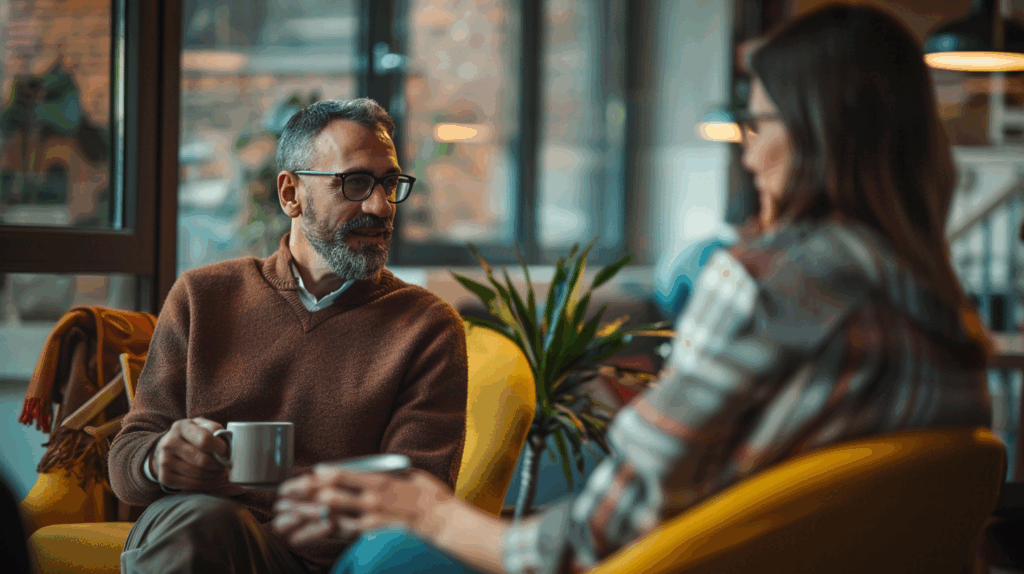 Zwei Personen sitzen auf Sesseln und unterhalten sich.