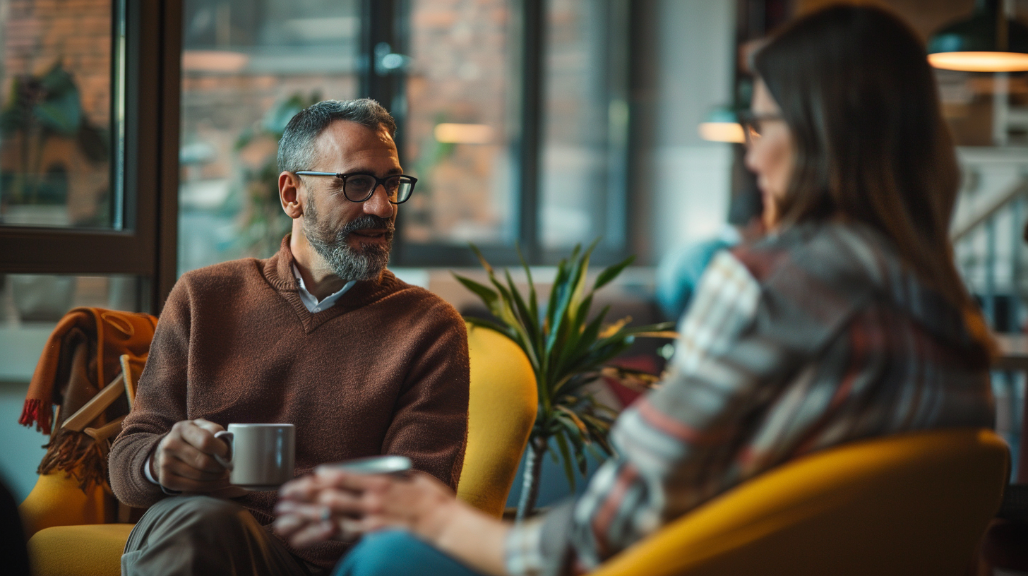 2_2_Kursbild Zwei Personen sitzen auf Sesseln und unterhalten sich.