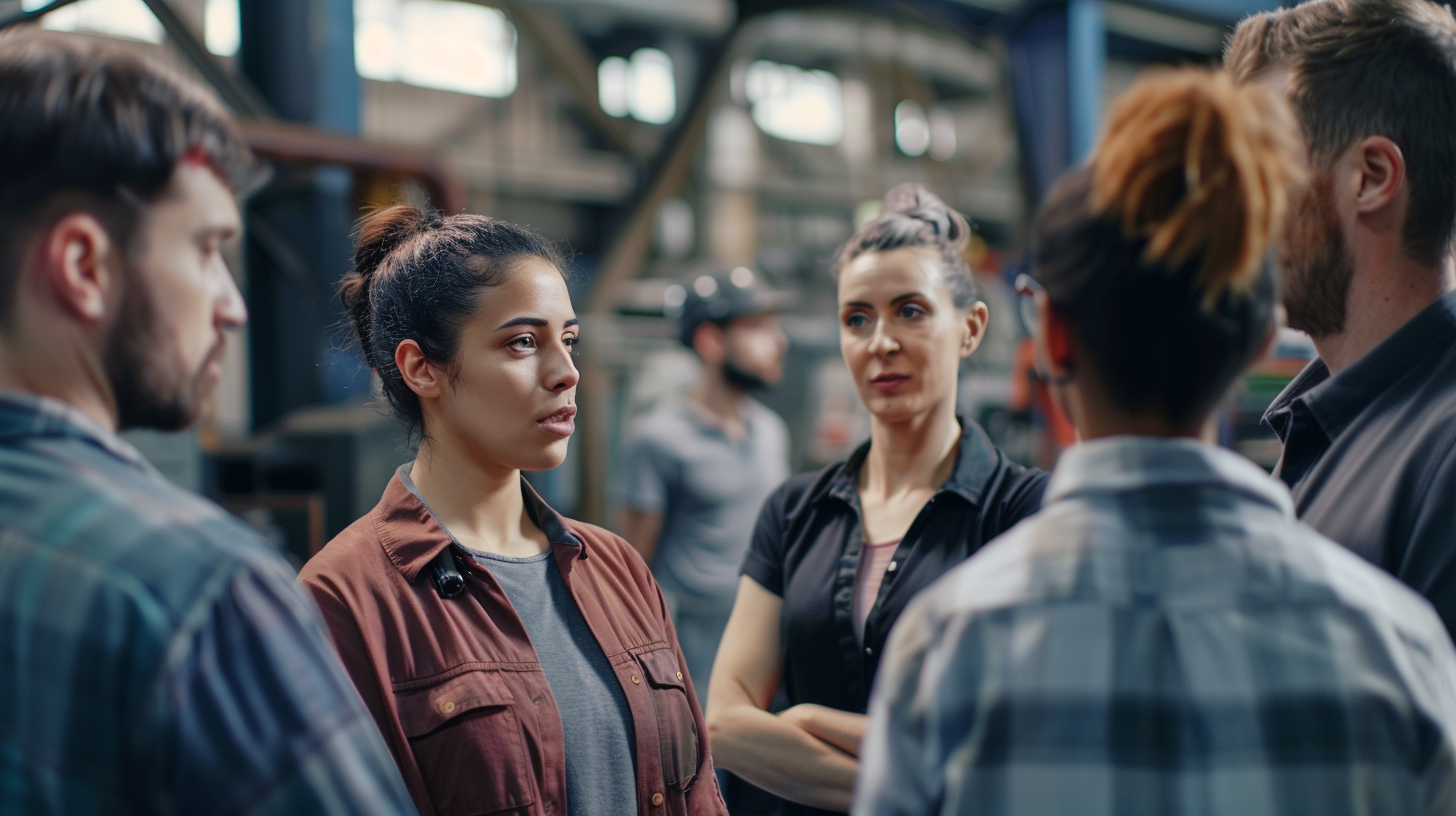 Mehrere Personen stehen in einer Produktionshalle und sprechen miteinander.
